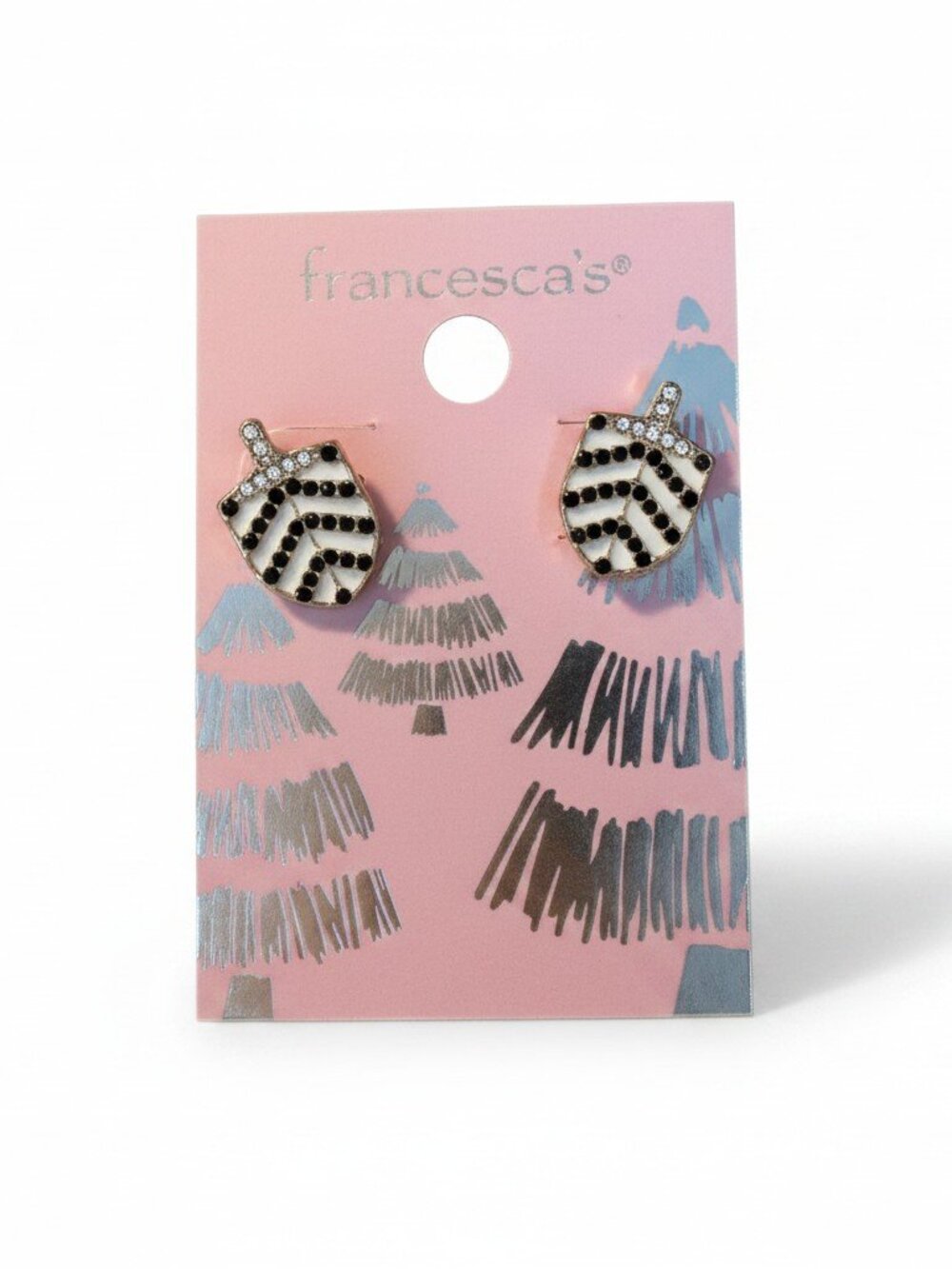 Francesca's Black White Chevron Acorn Stud Earrings Gold Tone Rhinestone NEW